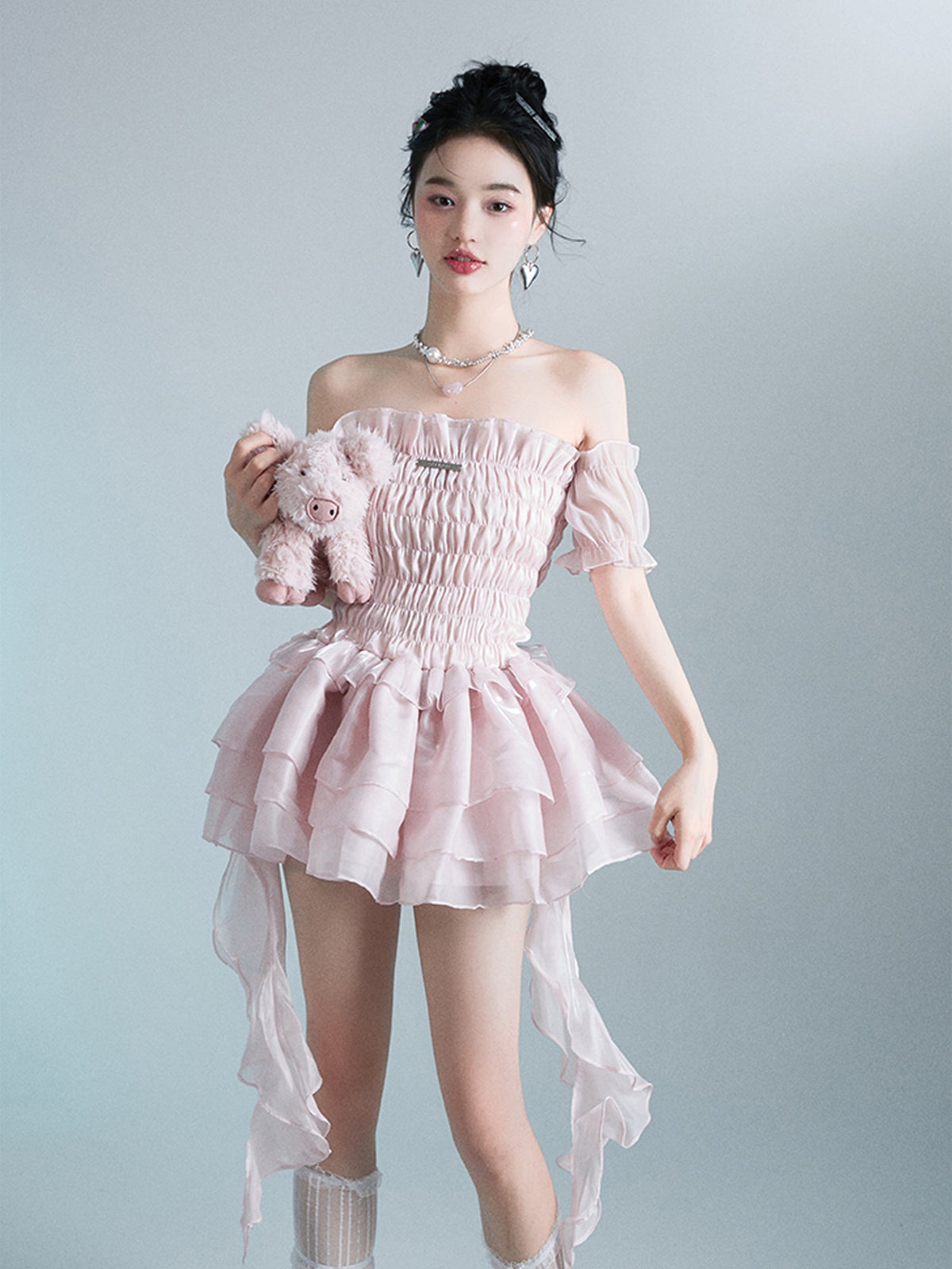 Smoked Rose Strapless Mini Dress – Fluffy Retro Pink Party Dress for Women with Romantic Feminine Styling and Statement Silhouette