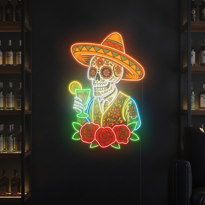 Mexican Skeleton Cocktail Neon Sign – Tequila Lounge and Bar Wall Decor for Martini Lovers, Parties and Bold Southwestern Nightlife Ambience