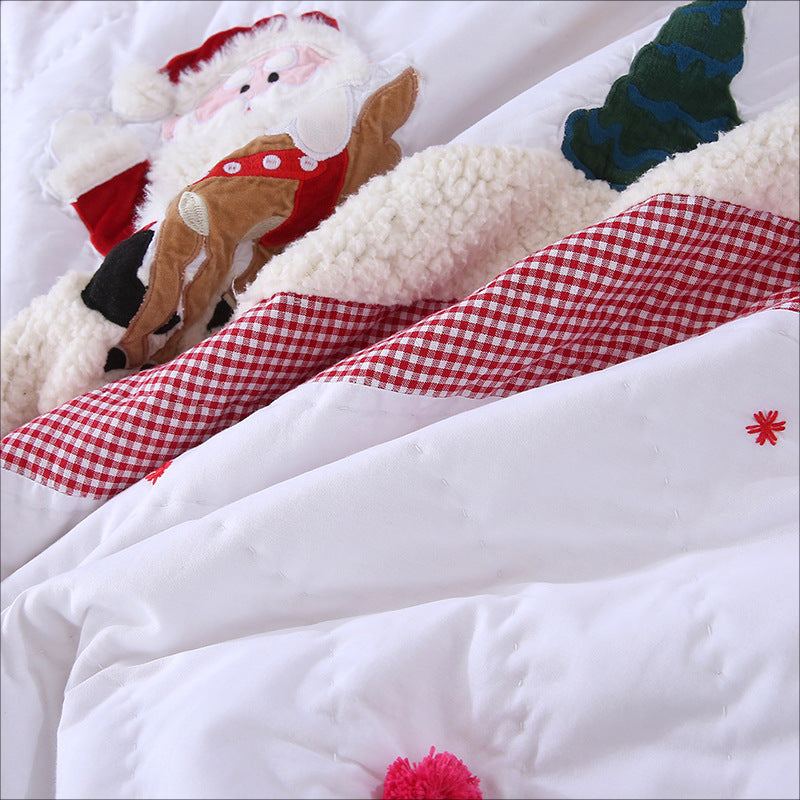 Christmas Handmade Patchwork Quilt Set – 3-Piece Lightweight Kids’ Bedspread with Applique Design, Holiday Comforter with Pillowcase