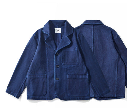 Vintage Denim Bomber Jacket for Women – Lapel Collar, Elastic Hem, Long Sleeves for Stylish Fall Winter Layering