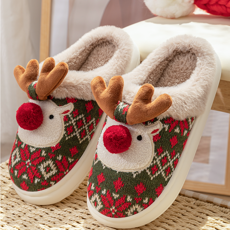 Women's Christmas Cartoon Slippers -Cozy Winter Indoor House Shoes with Cute Deer Design, Non-Slip Cotton Warm Slippers for Holiday Home Wear