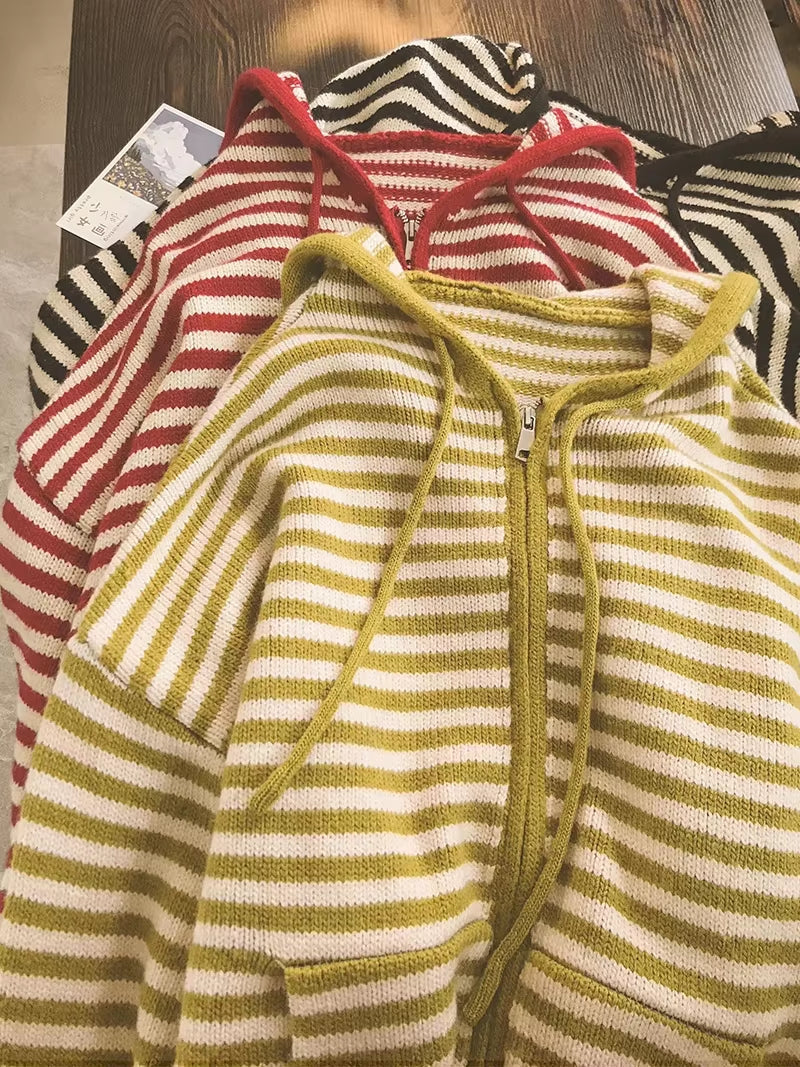 Stripe Hooded Knit Cardigan - Women Loose Fit Long Sleeve Sweater Jacket for Autumn Winter Casual Streetwear Fashion