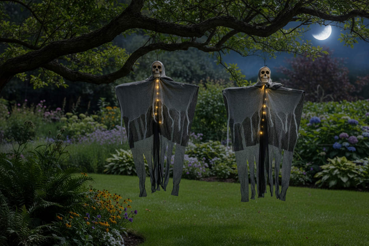 Lighted Hanging Ghost Decoration – Halloween Skull Skeleton Gauze Ornament for Gardens, Homes and Outdoor Party Scenes with Spooky Built-In Illumination