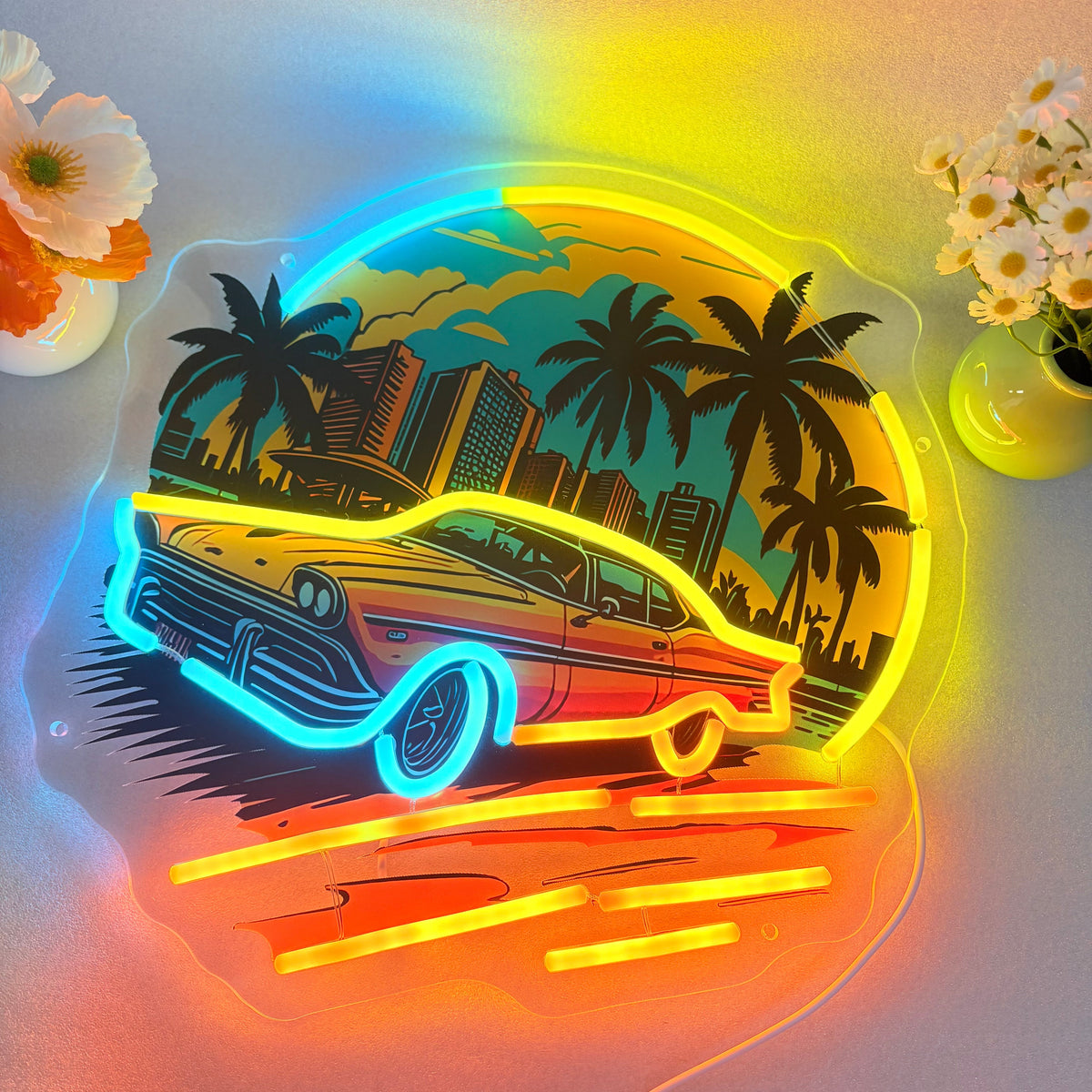 Car Sunset Neon Sign – UV-Printed LED Wall Art for Boys Bedrooms, Game Rooms, Bars and Man Caves with Scenic Night Glow