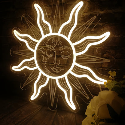 Bohemian Sun and Moon Neon Sign – Retro LED Wall Light with Burning Sunflower Design for Bedrooms, Living Rooms and Artistic Home Decor
