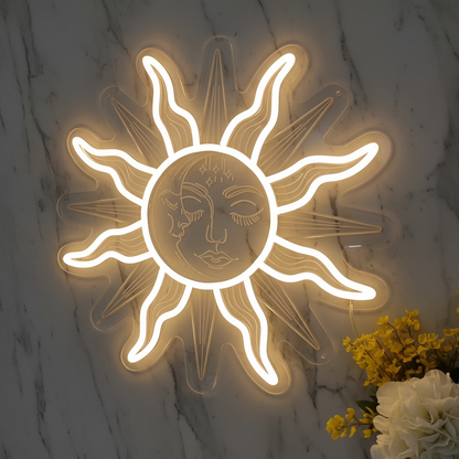 Bohemian Sun and Moon Neon Sign – Retro LED Wall Light with Burning Sunflower Design for Bedrooms, Living Rooms and Artistic Home Decor