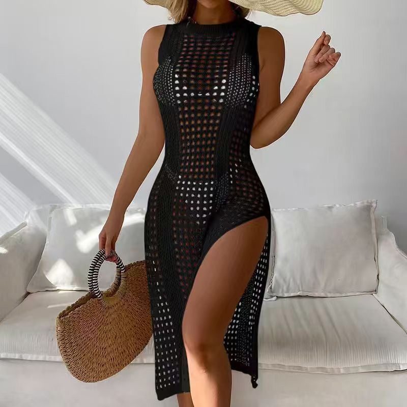 Crochet Beach Cover-Up Skirt Set – Sexy Knit Sarong Wrap Skirts with Slit Cutout in White and Black Duo