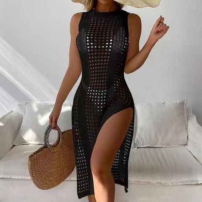 Crochet Beach Cover-Up Skirt Set – Sexy Knit Sarong Wrap Skirts with Slit Cutout in White and Black Duo