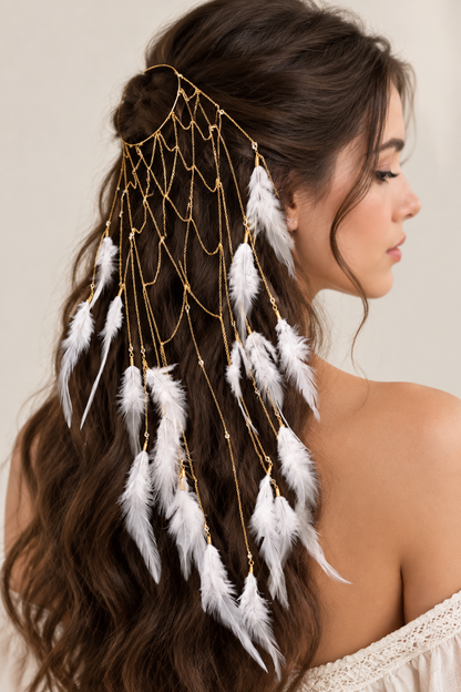 Bohemian Feather Hair Chain – Handmade Bridal Hairpiece for Weddings, Festivals and Special Events with Romantic Statement Styling and Elegant Detail