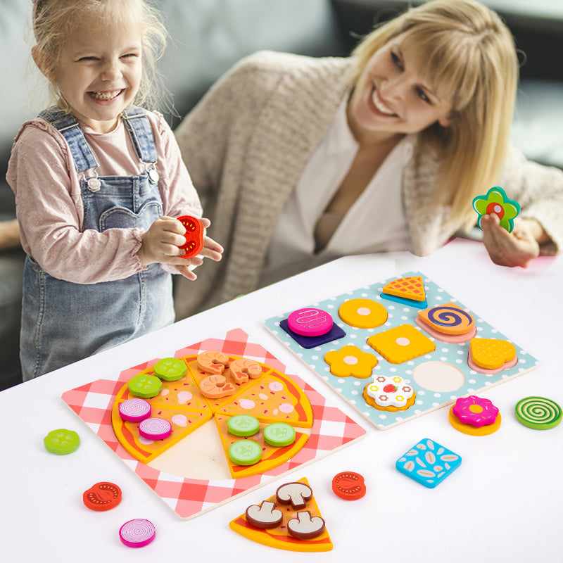 Wooden Donut Pizza Cookie Puzzle Set – Pretend Food Educational Toy for Kids with Matching, Sorting and Creative Kitchen Roleplay Fun