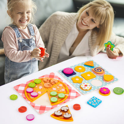 Wooden Donut Pizza Cookie Puzzle Set – Pretend Food Educational Toy for Kids with Matching, Sorting and Creative Kitchen Roleplay Fun