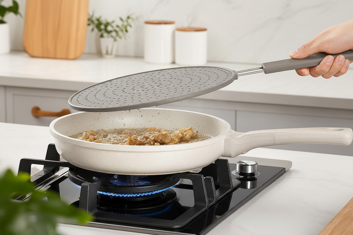 Silicone Kitchen Splatter Screen – Heat-Resistant Oil Splash Guard with Handle and Drain Board Function for Safer, Cleaner Frying and Cooking