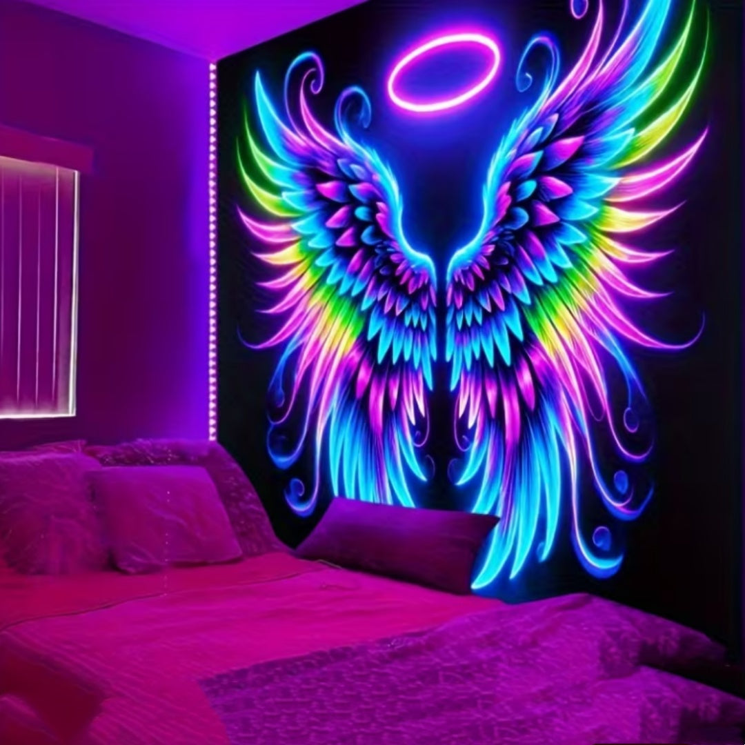 Neon Angel Wings Tapestry – 3D UV-Reactive Luminous Wall Decor for Gaming Rooms, Bedrooms and Living Spaces with Striking Glow Effects