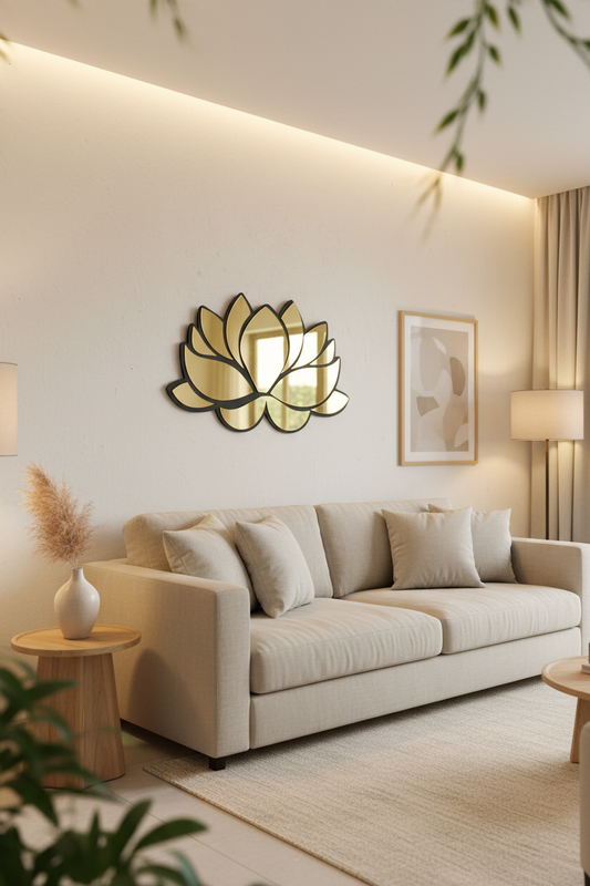 Acrylic Lotus Wall Mirror - Modern Decorative Hanging Mirror with Wooden Frame, Stylish Home Decor for Living Room Bedroom