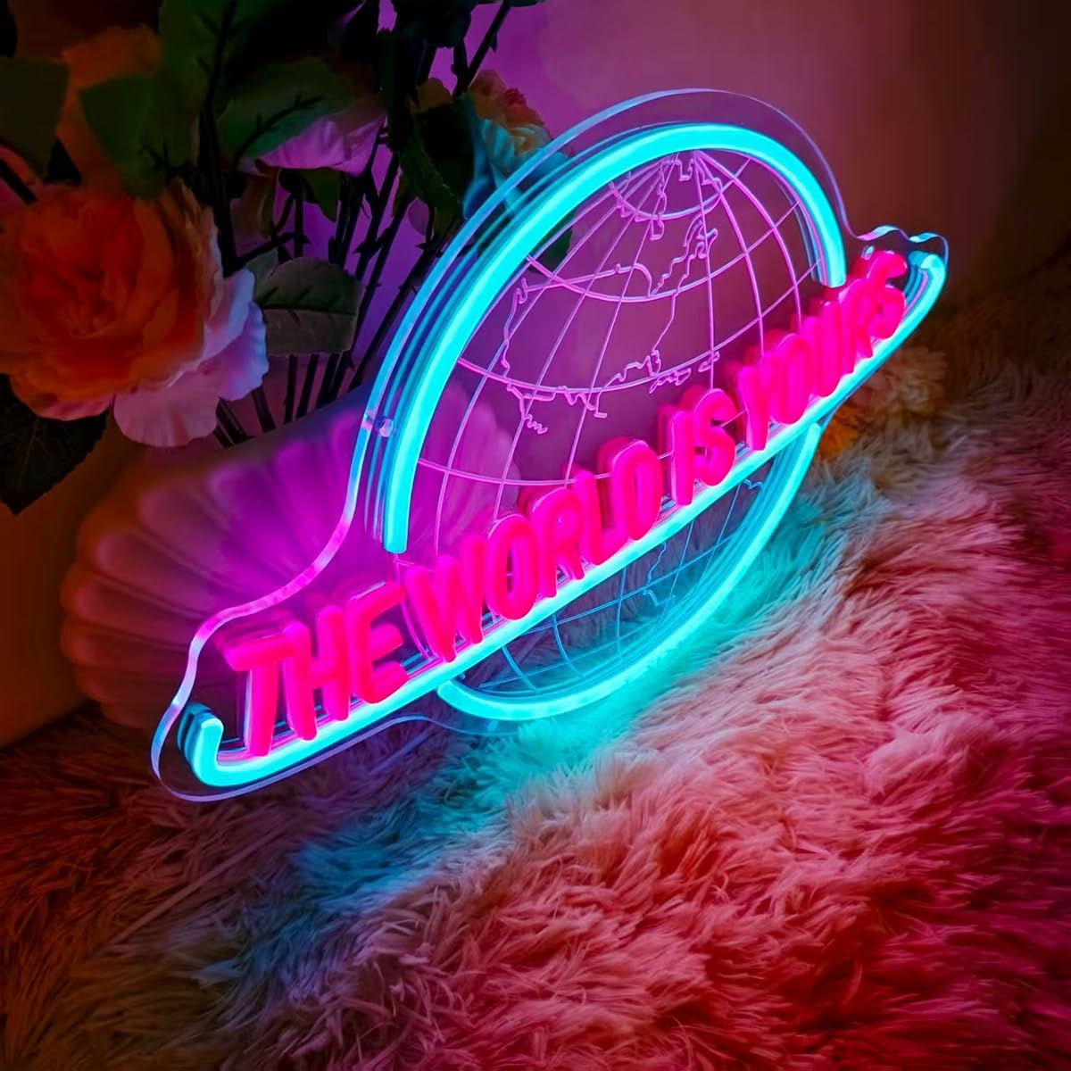 The World Is Yours Neon Sign – USB Planet LED Wall Light for Parties, Tiki Bars, Game Rooms and Bedroom Decor