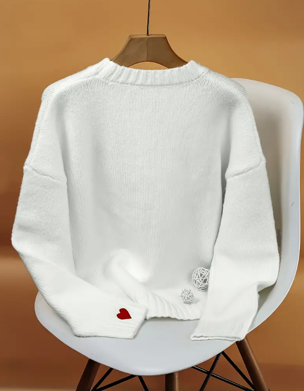 Women's Red Heart Knit Sweater – Long Sleeve Embroidered Pullover Top for Autumn Spring Casual Wear, Couples and Valentine's Gifts
