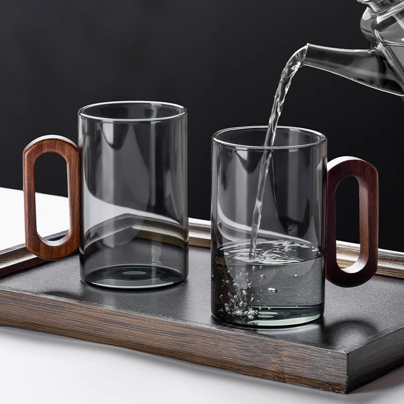 Heat-Resistant Glass Mug Set – Transparent Teacups with Wooden Handles for Coffee, Milk, Juice, Breakfast, Home Entertaining and Elegant Party Drinkware