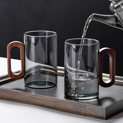 Heat-Resistant Glass Mug Set – Transparent Teacups with Wooden Handles for Coffee, Milk, Juice, Breakfast, Home Entertaining and Elegant Party Drinkware
