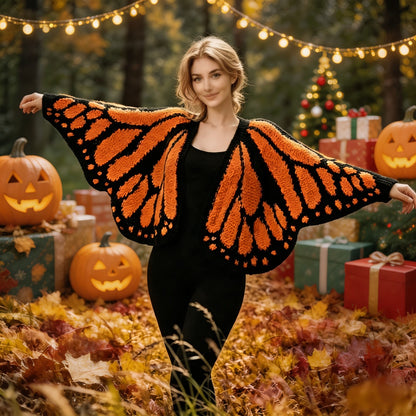 Butterfly Wing Knit Cardigan – Women's Cropped Monarch Print Sweater with Long Sleeves, Open Front Y2K Korean Fashion Styling