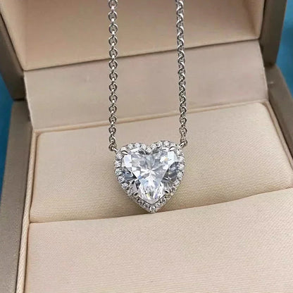 Full Moissanite Heart Halo Pendant Necklace – Certified S925 Silver Diamond-Look Fine Jewelry for Women, Elegant Wedding Accessory, Romantic Gift and Party Style