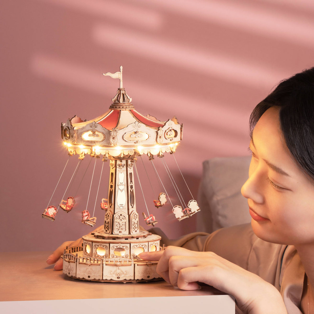 DIY Wooden Puzzle Music Box – Magical Amusement Park Christmas Gift Toy with Swing Model & Easy-Assemble Kids Craft Kit