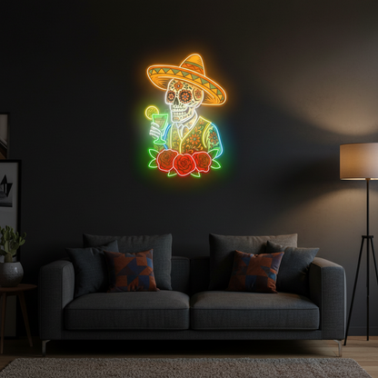 Mexican Skeleton Cocktail Neon Sign – Tequila Lounge and Bar Wall Decor for Martini Lovers, Parties and Bold Southwestern Nightlife Ambience
