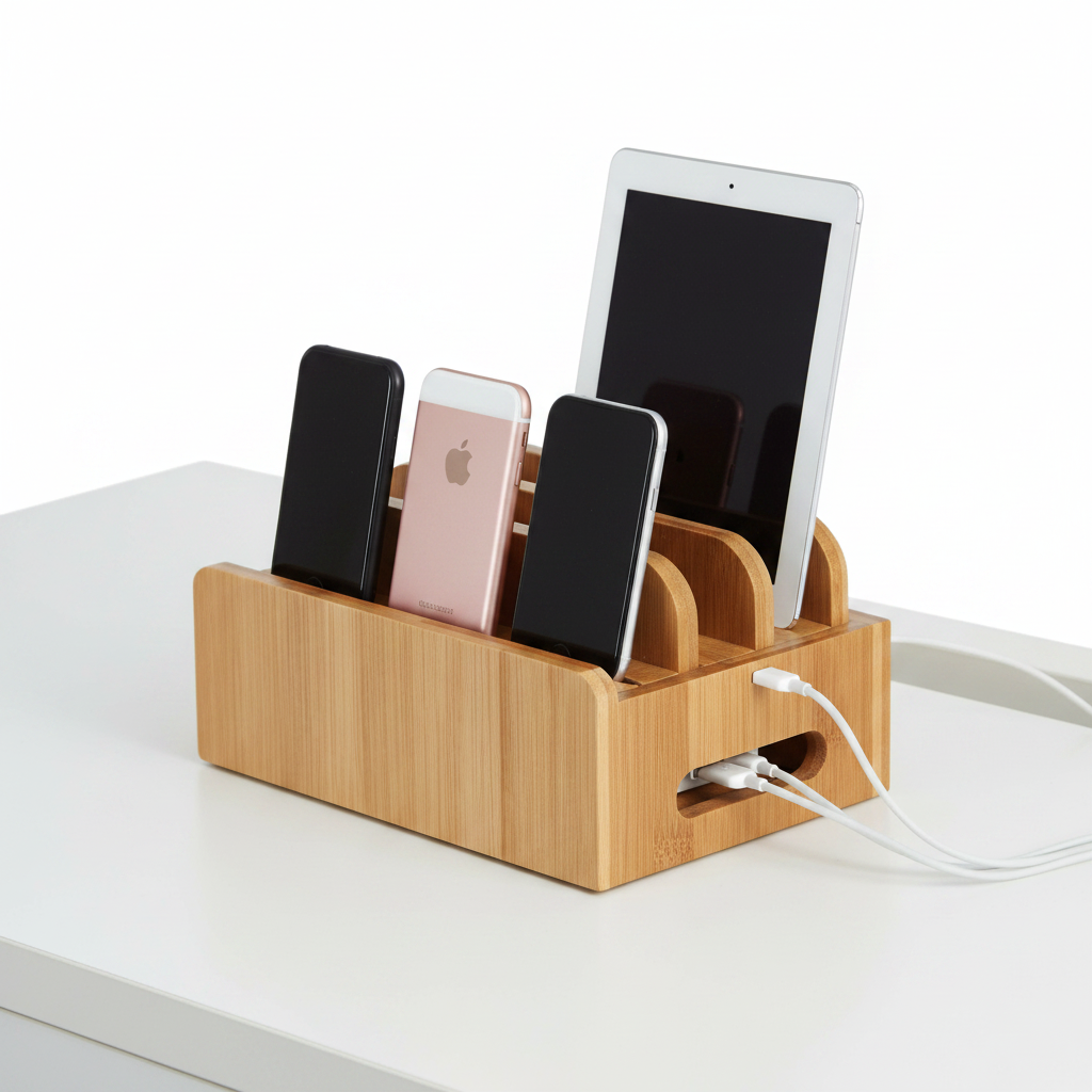 Bamboo Phone Charging Station – Wooden Organizer Stand for iPhone, Samsung, Tablets and USB Cables, Perfect for Home Office Desks