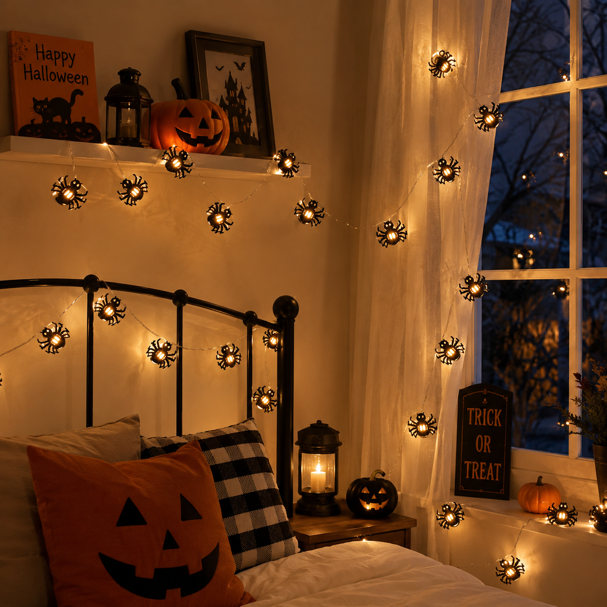 LED Halloween Spider String Lights – Battery-Operated Spooky Hanging Lamps for Gardens, Bedrooms, Parties and Haunted Home Atmosphere Decor