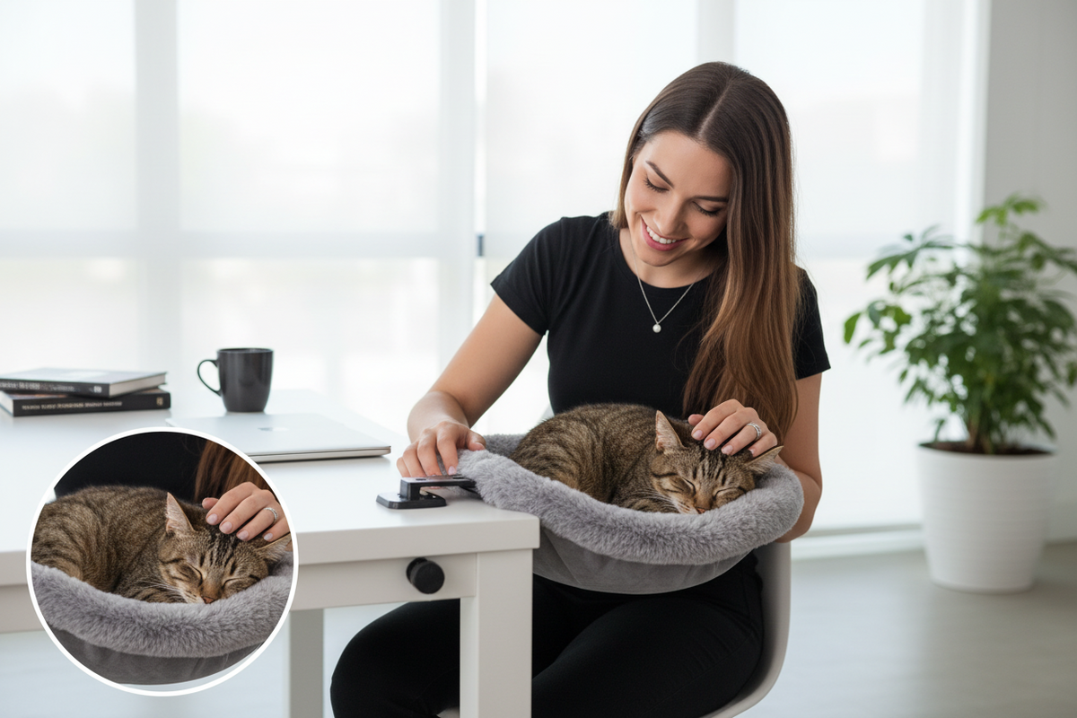 Space-Saving Cat Desk Bed – One-Click Folding Semi-Circular Hammock Perch with Sunken Design for Comfortable Home and Office Lounging