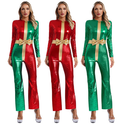Women’s Christmas Cosplay Bodysuit – Metallic Long-Sleeve Santa Jumpsuit with Bell Bottoms, Party Dance Costume for Holiday Festive Events