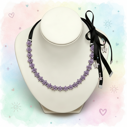 Silver Purple Bee Necklace – Sparkling Plant Specimen Pendant with Black Rope Wrap for Nature-Inspired Jewelry, Gifts and Elegant Everyday Styling