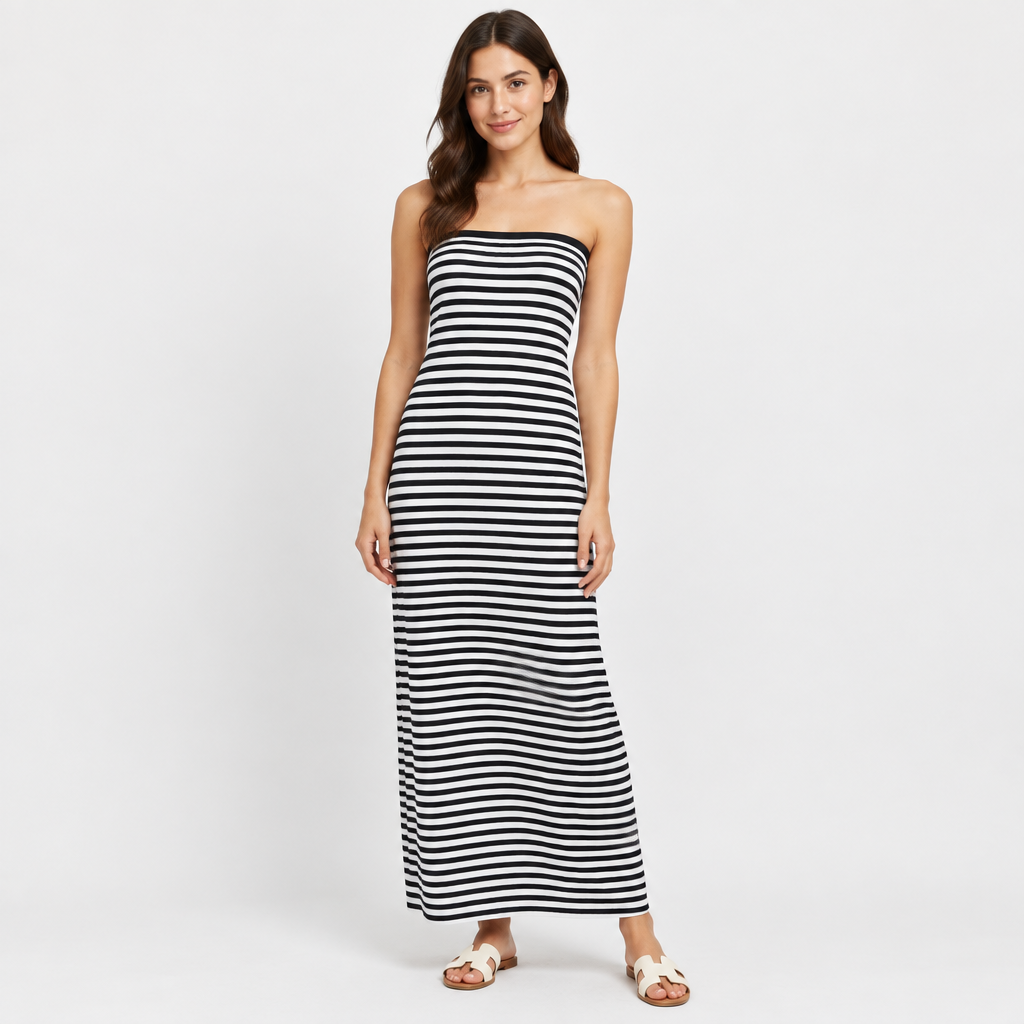 Striped Knit Strapless Maxi Dress – Sexy Backless A-Line Summer Gown for Women, Holiday Parties, Vacations and Chic Streetwear Styling