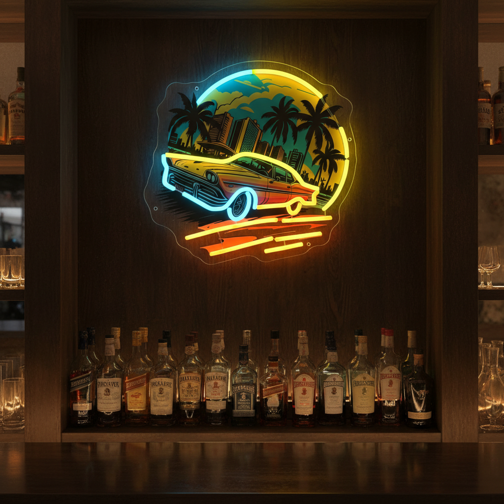 Car Sunset Neon Sign – UV-Printed LED Wall Art for Boys Bedrooms, Game Rooms, Bars and Man Caves with Scenic Night Glow