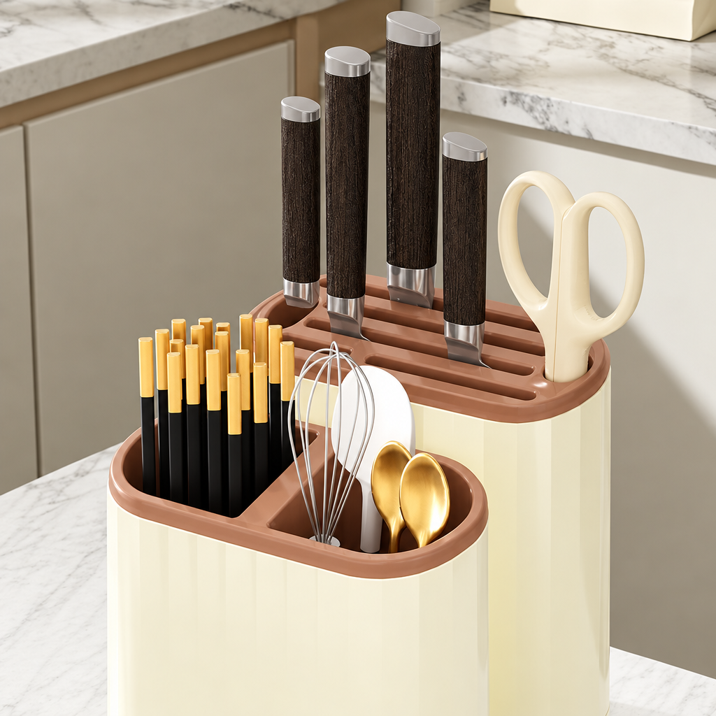 Countertop Knife and Cutting Board Organizer – Drainable Kitchen Storage Rack with Chopstick Holder for Neat, Space-Saving Utensil and Board Organization