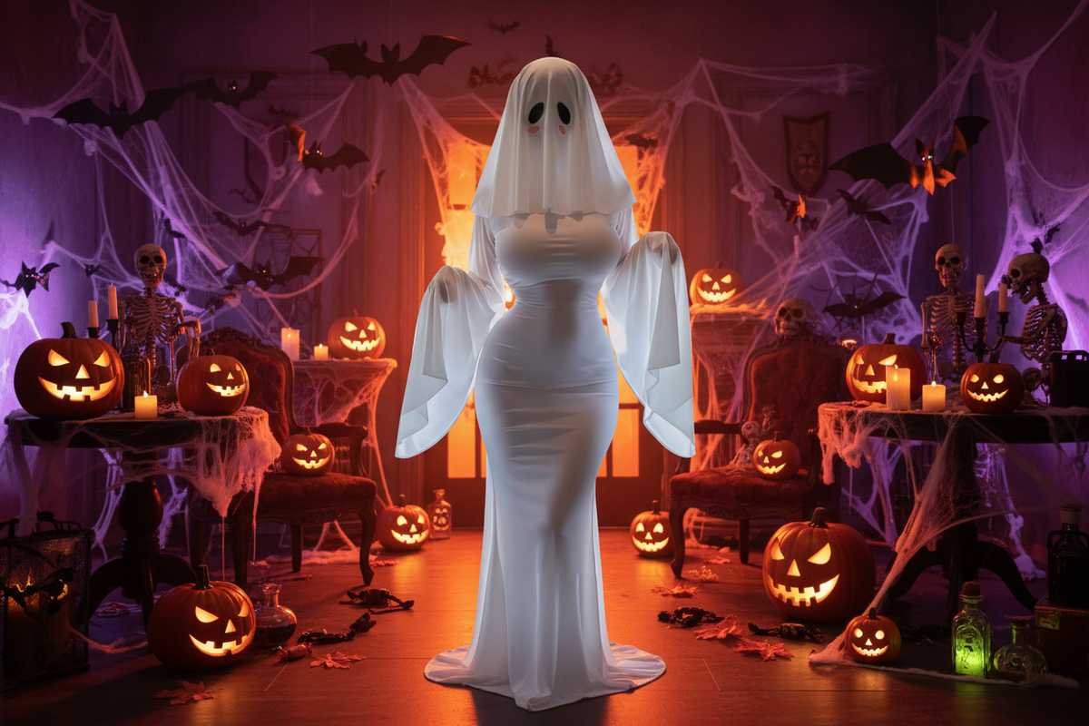 Anime Ghost Bride Costume – Cute White Fitted Dress with Mask for Women, Halloween Carnival Cosplay, Parties and Spooky Character Styling