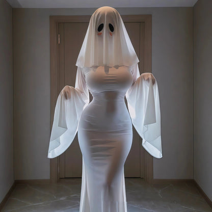 Anime Ghost Bride Costume – Cute White Fitted Dress with Mask for Women, Halloween Carnival Cosplay, Parties and Spooky Character Styling
