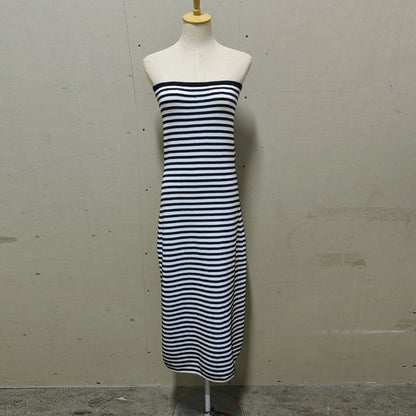 Striped Knit Strapless Maxi Dress – Sexy Backless A-Line Summer Gown for Women, Holiday Parties, Vacations and Chic Streetwear Styling
