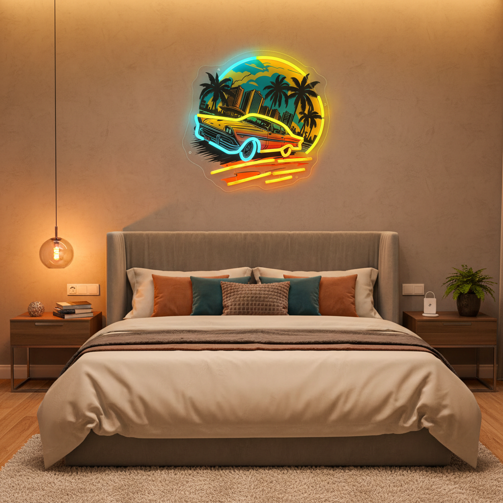 Car Sunset Neon Sign – UV-Printed LED Wall Art for Boys Bedrooms, Game Rooms, Bars and Man Caves with Scenic Night Glow