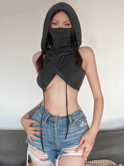 Sylcue Mysterious Grey Hooded Vest – Sexy High Street Fashion Sleeveless Top for Summer Travel and Personality Driven All-Match Casual Women’S Wear