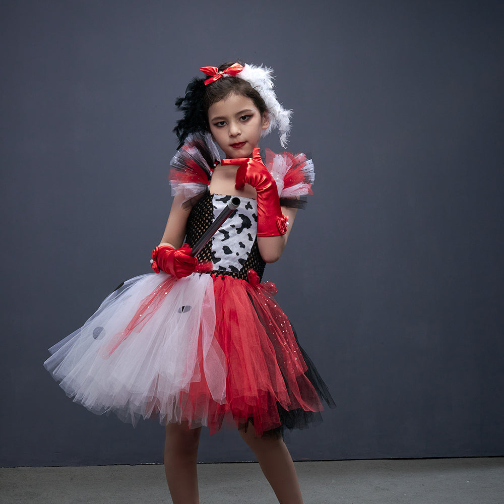 Cruella-Inspired Girls Tutu Dress – Black and White Villain Halloween Costume with Dalmatian Style for Kids, Fancy Dress and Cosplay Parties