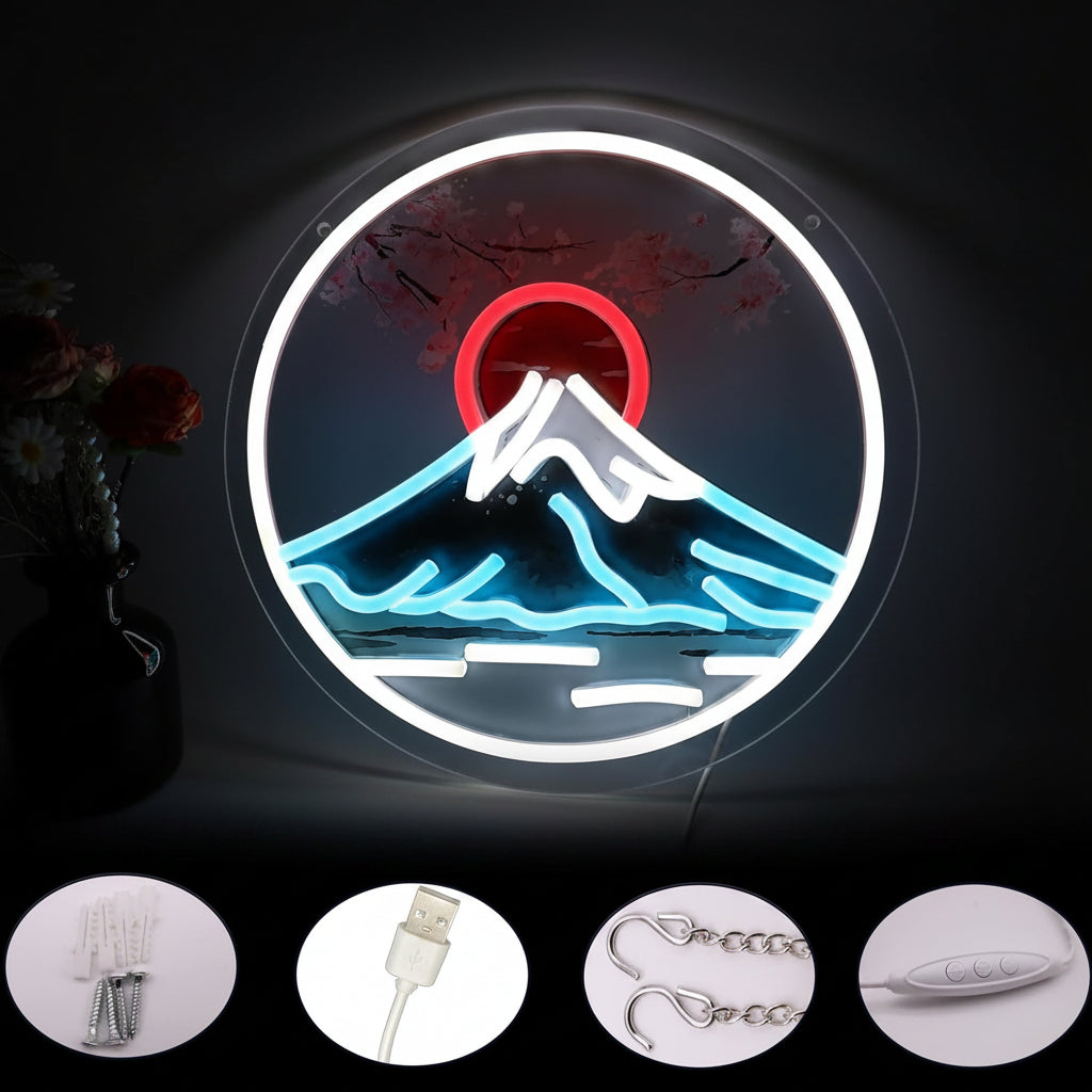 Mount Fuji Sunrise Neon Sign – Japanese Sakura USB LED Wall Decor for Gaming Rooms, Bars, Garages and Bedrooms with Artistic Glow