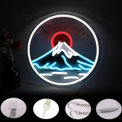 Mount Fuji Sunrise Neon Sign – Japanese Sakura USB LED Wall Decor for Gaming Rooms, Bars, Garages and Bedrooms with Artistic Glow