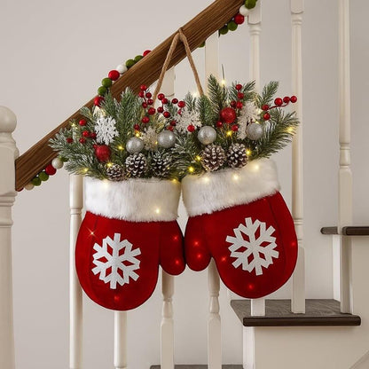 Outdoor Christmas Wreath with LED Lights – Artificial Front Door Mitten Garland with Pine Cones & Red Berries for Holiday & Winter Home Décor