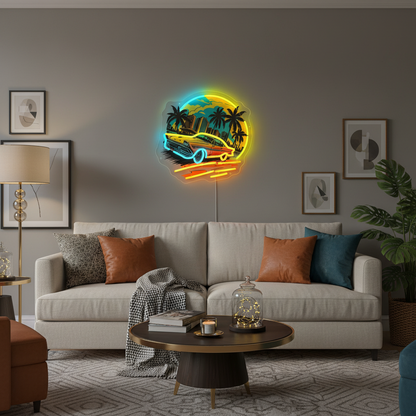 Car Sunset Neon Sign – UV-Printed LED Wall Art for Boys Bedrooms, Game Rooms, Bars and Man Caves with Scenic Night Glow