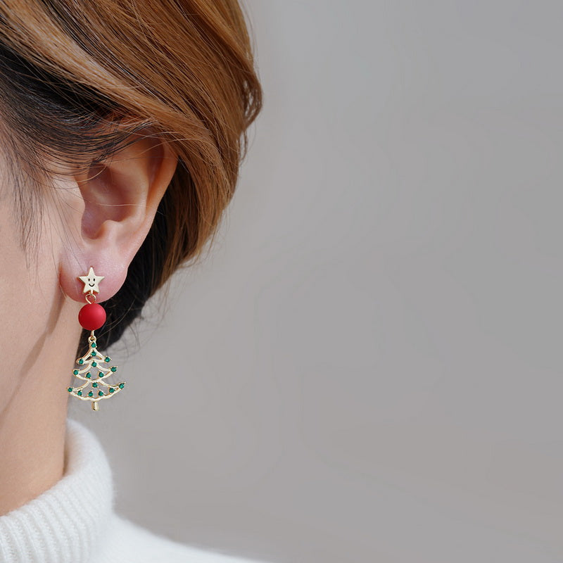 Red Ball Asymmetric Christmas Stud Earrings – Snowflake, Bell & Deer Zircon Holiday Jewelry for Women and Girls, Perfect Christmas & New Year Gift