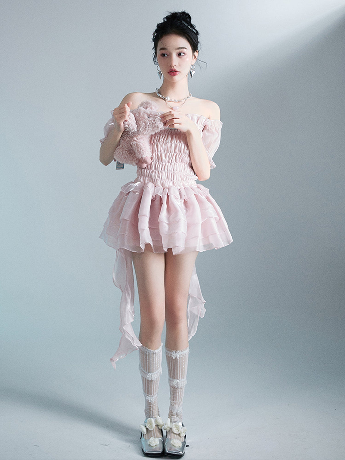 Smoked Rose Strapless Mini Dress – Fluffy Retro Pink Party Dress for Women with Romantic Feminine Styling and Statement Silhouette
