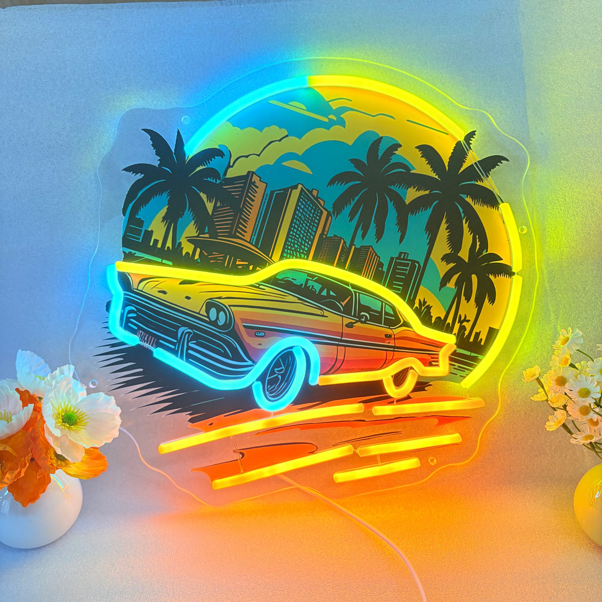 Car Sunset Neon Sign – UV-Printed LED Wall Art for Boys Bedrooms, Game Rooms, Bars and Man Caves with Scenic Night Glow