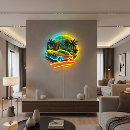 Car Sunset Neon Sign – UV-Printed LED Wall Art for Boys Bedrooms, Game Rooms, Bars and Man Caves with Scenic Night Glow