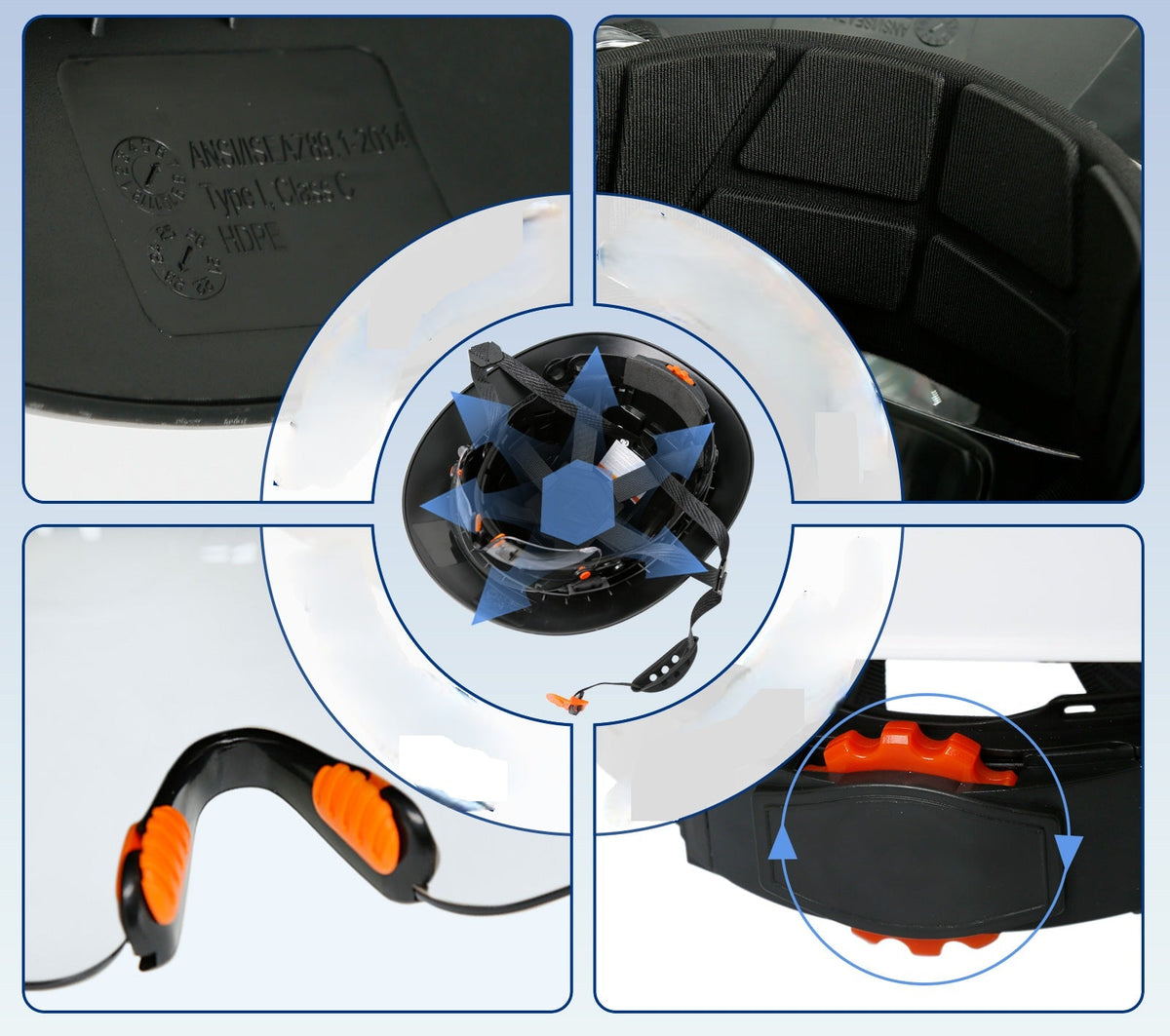 Full Brim Hard Hat with Built-In Eye Shield & Earmuffs – Vented HDPE Safety Helmet, ANSI Z89.1 Type I Class C
