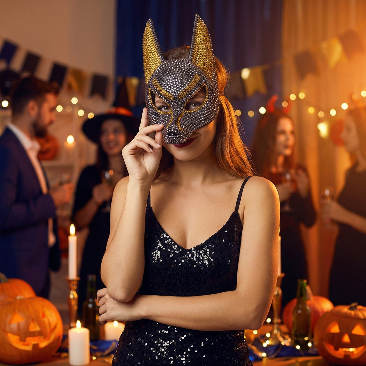 Luxury Rhinestone Wolf Mask – Sparkling Animal Half-Face Masquerade Accessory for Halloween, Costume Balls, Festivals and Dramatic Party Looks